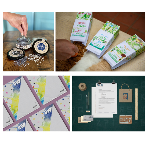 Collage of creative workspace items: jars of salt with a scoop, three cartons of plant-based milk, colorful notebooks or cards, and a neatly arranged desk display on a chalkboard background.