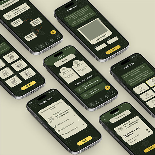 Collage of six smartphones showing a plant care app interface with dark green theme, cards, lists, and a yellow action button.