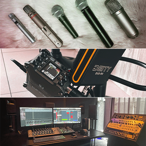 Assorted microphones arranged on a fluffy surface (top row).