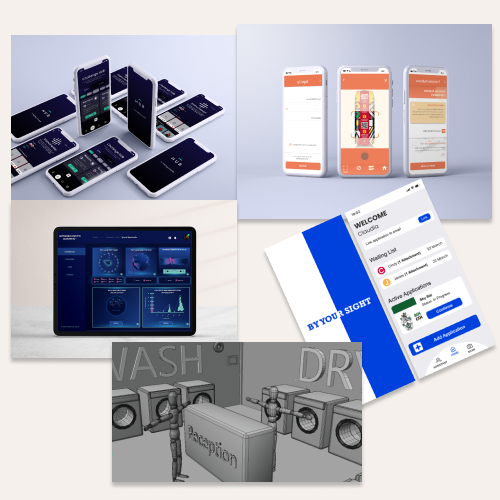 Collage of mobile app screens and tablet dashboards showcasing UI designs and interfaces.