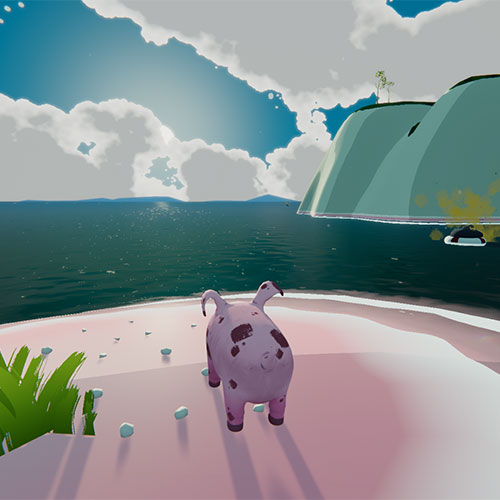 Cartoon pink dog stands on pale pink sand by calm blue water, with curved green cliffs and a cloudy sky in the background.