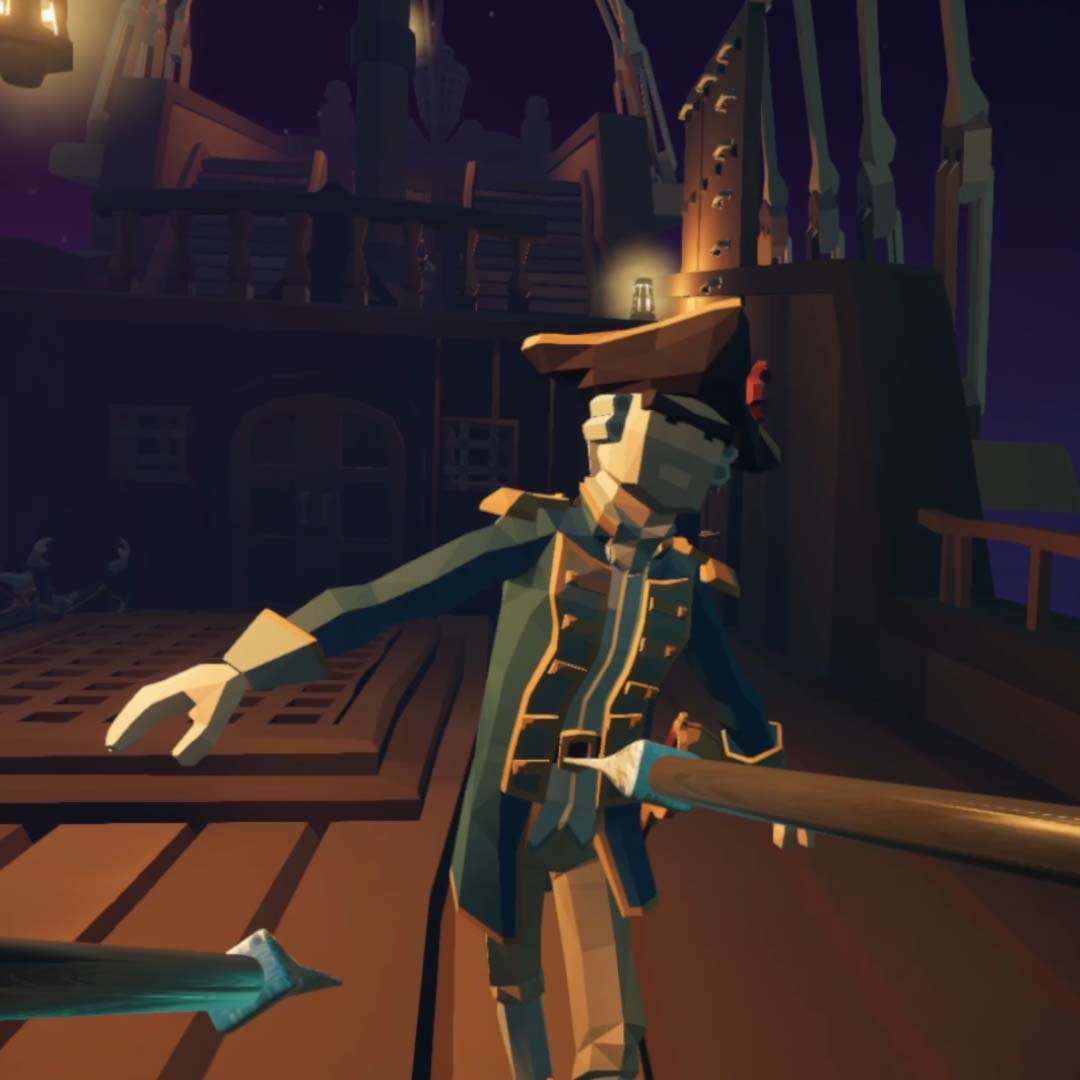 Low-poly pirate on a ship deck at night, holding a sword toward the viewer.