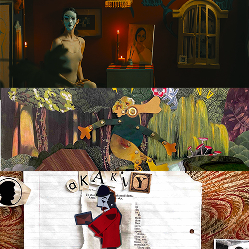 A three-section collage of surreal art: top shows a pale seated figure in a candlelit room; middle a vivid cut-out forest scene with abstract shapes; bottom torn-paper collage with letters and a red figure reading.