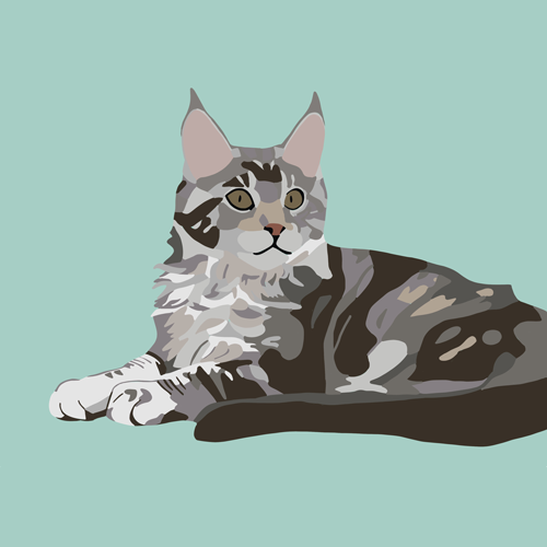 Stylized gray tabby cat lying down against a light teal background.