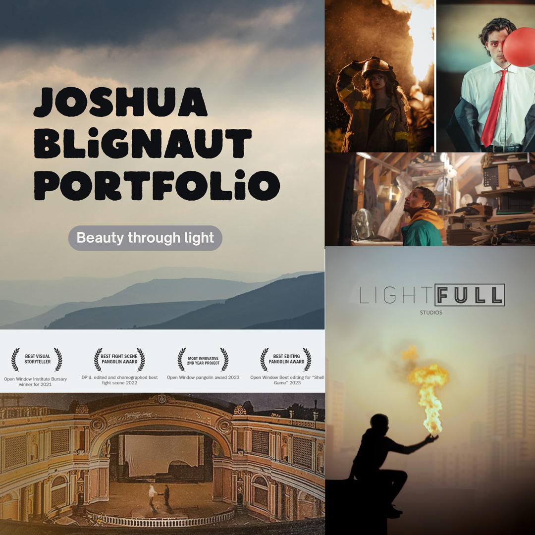 Collage portfolio cover: bold title on left with 'Beauty through light'; right-side thumbnails include firefighter, man with balloon, cluttered studio, flame performer, plus theater image and logo.