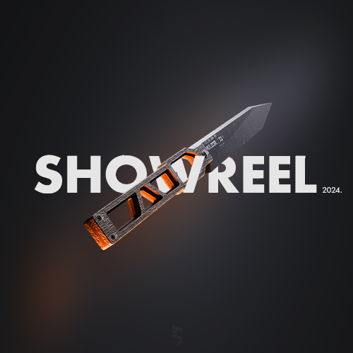 Knife diagonally crossing the bold 'SHOWREEL 2024' title on a dark background.