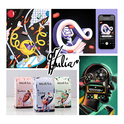 Collage featuring abstract colorful artwork, a smartphone app mockup, three Matta tea boxes, and a retro slot-machine robot illustration, with 'Julia' script in the center.