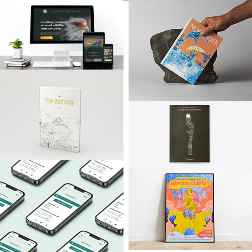 Collage of design items: top-left workspace with desktop computer, tablet and phone; middle-left white illustrated book 'The Brothers'; bottom-left multiple smartphones showing app screens; top-right hand placing an orange illustrated magazine on a rock; middle-right black slim book with a white figure; bottom-right colorful 'Exquisite Corpse' poster leaning against a wall.