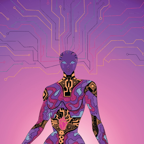 Futuristic humanoid with circuit patterns on body, glowing lines extending from the head against a pink gradient background, symbolizing AI.