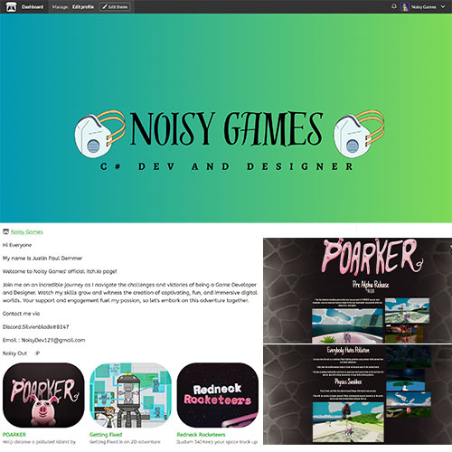 Website header for Noisy Games featuring a teal-to-green gradient with a logo and the text 'NOISY GAMES' in the center. Two white headphone icons flank the title.