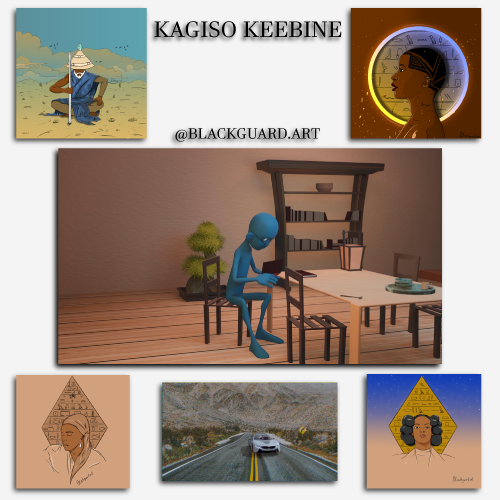 Collage of six artworks by Kagiso Keebine (@blackguard.art): desert figure, haloed profile, blue figure at a table, two geometric-portrait illustrations, and a car on a road.