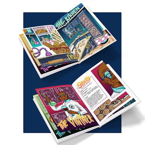 Two open comic book spreads with vivid illustrations and bold titles on a dark blue backdrop.