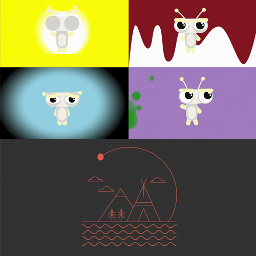 Four-panel collage of cute bees on bright blocks plus a bottom red line-art landscape: mountains, trees, water, and sun on dark background, minimalist style.