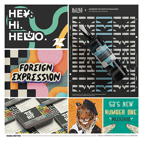 Six-panel graphic collage with bold typography ('HEY HI HELLO', 'FOREIGN EXPRESSION'), abstract patterns, and product packaging designs.