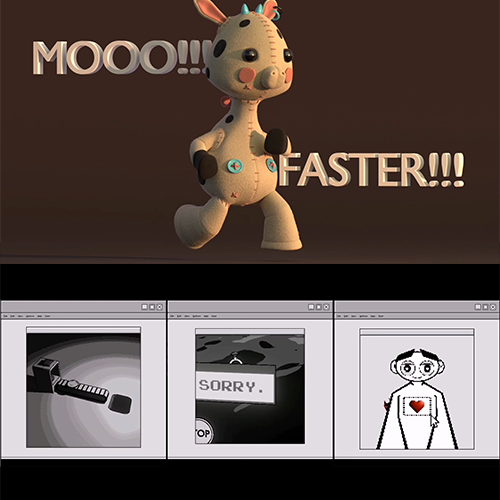 3D cartoon toy horse shouting 'MOOO!!! FASTER!!!' on a dark background, with three small image panels below: a knife close-up, a grayscale 'SORRY.' message, and a stick-figure drawing with a heart on its chest.