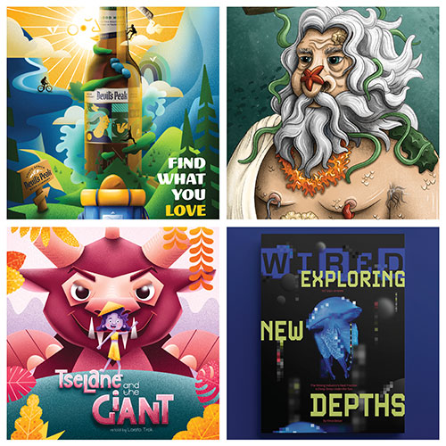 Top-left: a bright adventure cover with a tall tower and the text 'Find What You Love' amid sunny, colorful scenery of mountains and water.