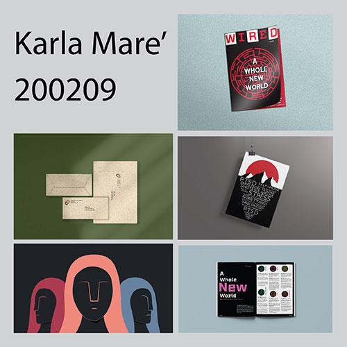 Portfolio collage titled Karla Mare’ 200209, showing six artworks arranged in a grid on a gray background.