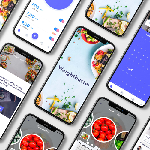 Multiple smartphones display a food-tracking app UI, with a central screen reading 'Weightbuster'.