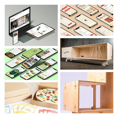 Collage showing digital product designs: devices displaying a storefront UI, multiple smartphone screens, a wooden cabinet, and packaged foods.