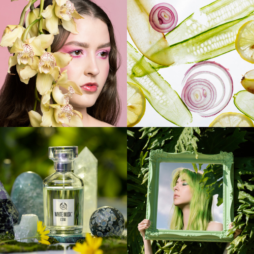 A four-panel collage: woman with yellow orchids and pink makeup; fresh vegetables; perfume bottle among crystals; and a person with green hair posing with a mint-green framed mirror.