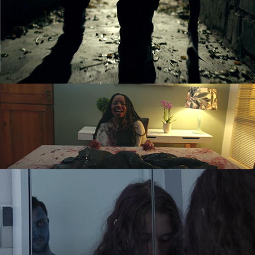 Three-panel collage: top shows feet walking on a leaf-strewn path in dim light; middle shows a smiling woman at a bed in a warmly lit bedroom; bottom shows a woman with a man peeking from a doorway reflected in a mirror.