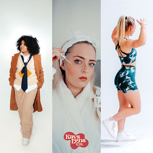 Three-panel collage: left a fashion model in a tan blazer and tie, middle a beauty shot of a woman in a robe applying skincare, right a woman in teal athletic wear mid-jump.