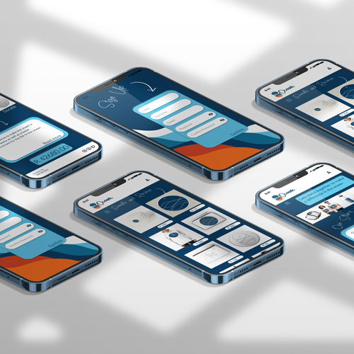 Six blue-themed smartphones laid on a light surface, each showing a mobile app dashboard with charts, cards, and rounded controls.