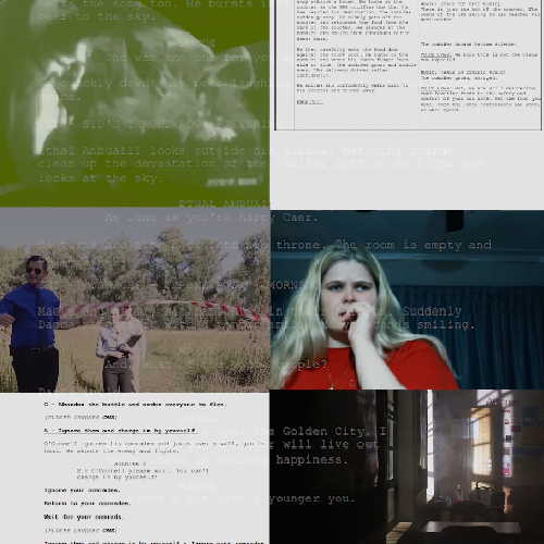 Six-panel collage with chunks of overlaid white text on varied backgrounds, suggesting poetry or captions across each panel (green-tinted figure, text blocks on a laptop screen, people outdoors, a woman biting her nails, a document-like page, and a dim city interior).