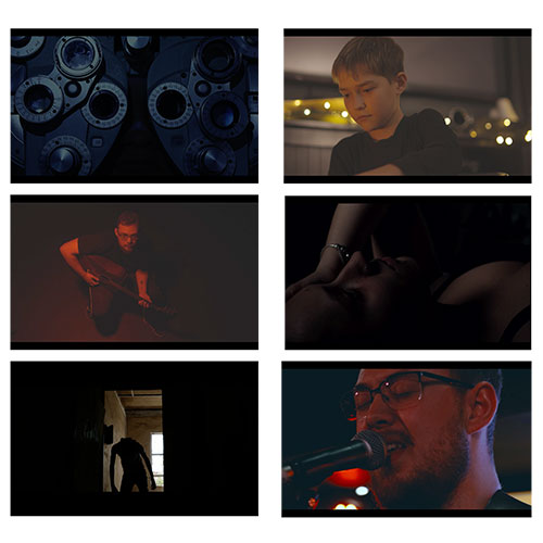 Top left: close-up of vinyl records or turntable grooves in blue lighting; Top right: boy with headphones or attentive look in a warm-lit room; Middle left: guitarist performing on a dark stage; Middle right: person lying down in low light; Bottom left: silhouette of a person in a doorway, backlit; Bottom right: man singing into a microphone on stage with glasses