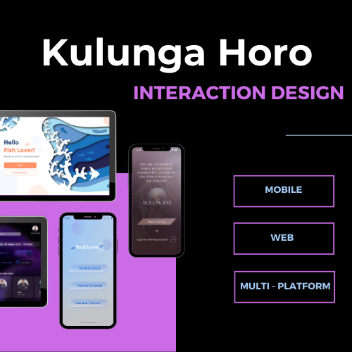 Hero banner for Kulunga Horo, an interaction design portfolio: black background, white title, purple subtitle, device mockups on a purple block, and three outlined options: MOBILE, WEB, MULTI-PLATFORM.