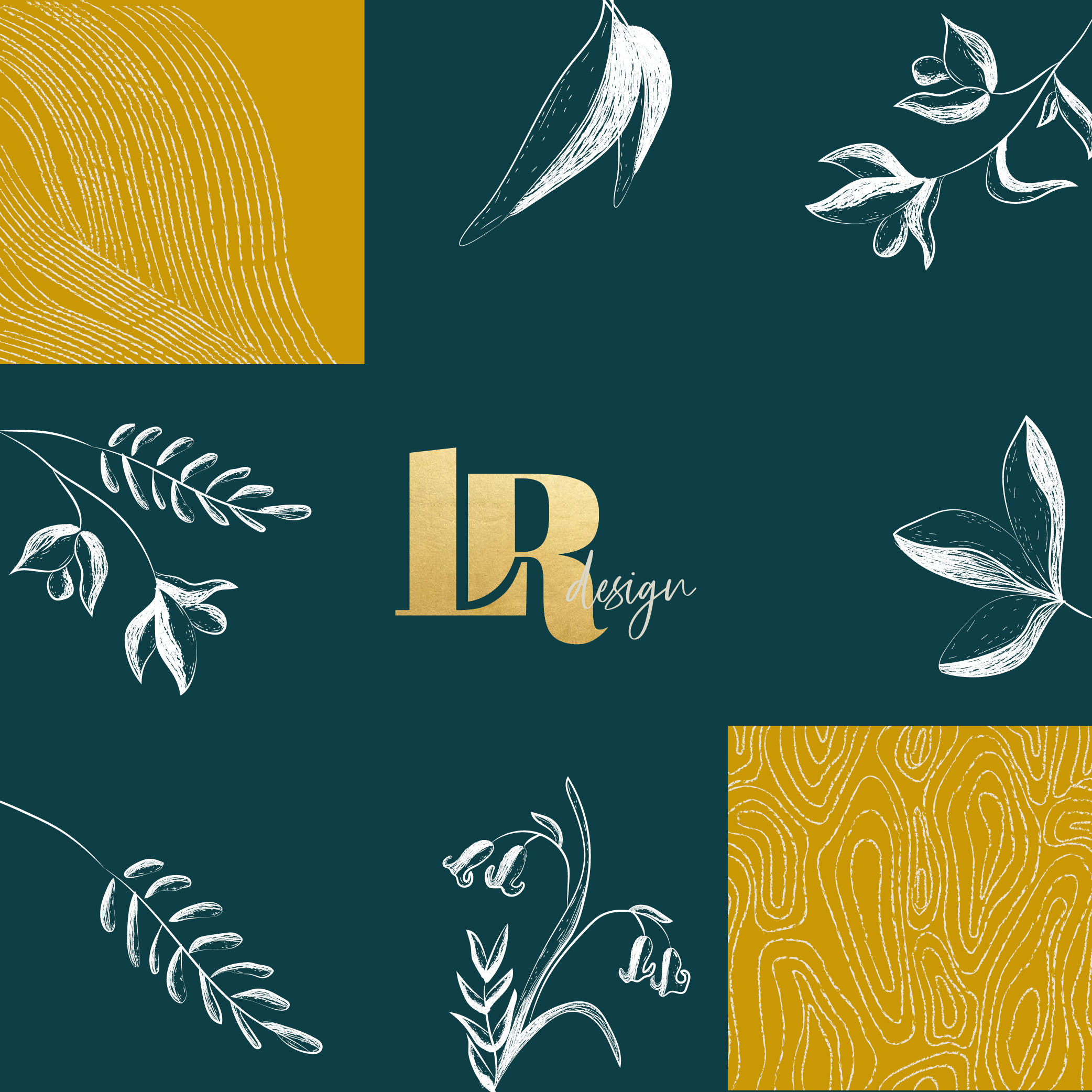 Teal collage banner with white botanical illustrations, gold textured blocks, and the text 'LD design' in gold script.