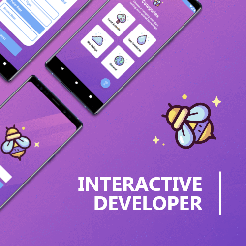 Promo banner featuring angled smartphones displaying app screens on a purple gradient background, with a cartoon ice-cream character and the text 'INTERACTIVE DEVELOPER' to convey the page theme.