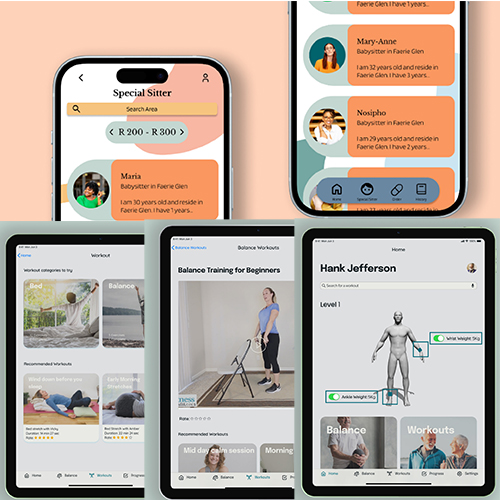 Collage of smartphone and tablet screens showing a babysitting app's chat, search, and profile UI elements.