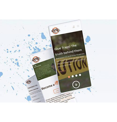 Collage of tilted smartphone screens displaying a website about glue traps, with a blue paint-splatter background and a visible headline about 'Glue Traps! The truth behind them'