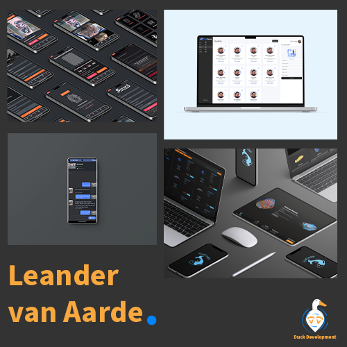 Collage of device screens (phones and a laptop) showing apps, with the name Leander van Aarde and the Duck Development logo on a dark background.