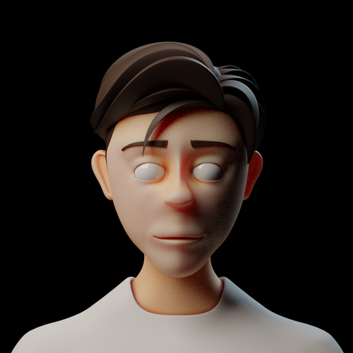 3D-rendered man with blank white eyes, dark hair, in a white shirt against a black background; expression is neutral and surreal.