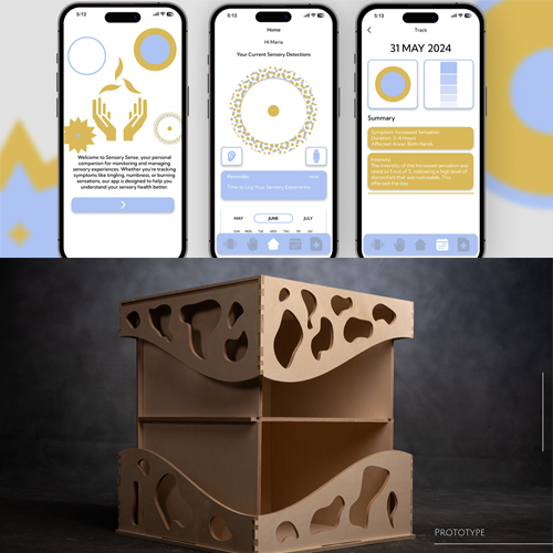 Collage of three iPhone screens showing a sensory-health app interface with circular designs and rounded panels, alongside a carved wooden prototype box with geometric cutouts.