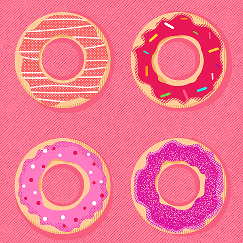 Four donuts arranged in a 2x2 grid on a pink striped background, each with different toppings: striped glaze, chocolate with rainbow sprinkles, pink icing with white dots, and purple sprinkles.