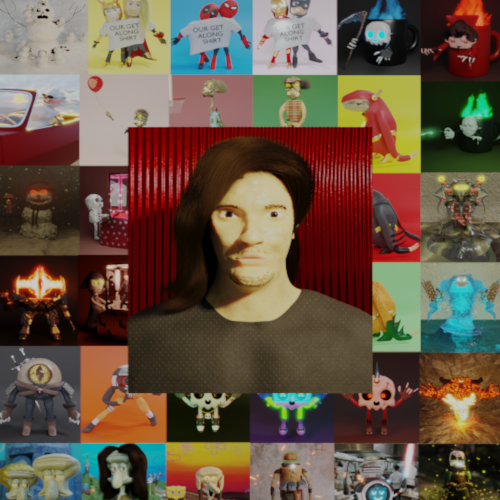 Front-and-center portrait of a man with long dark hair against a red striped backdrop, with a colorful collage of characters in the background behind him.