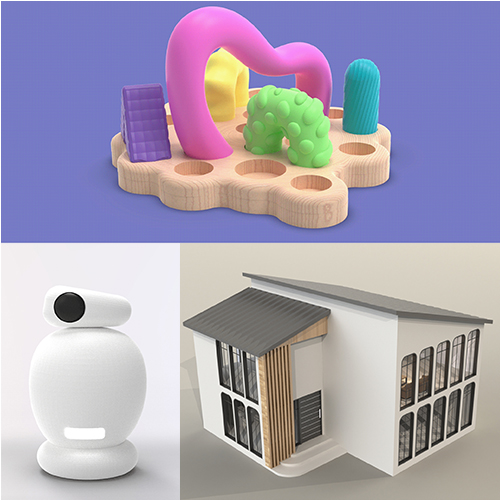 Collage of three 3D objects: a colorful fidget toy on a purple background, a white rounded robot figure, and a modern white house model with large windows.
