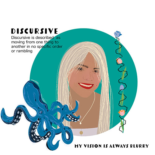 Illustrated album cover: a smiling blonde woman in front of a teal circle, with a blue octopus on the left and a spiral heart vine on the right; title DISCURSIVE.