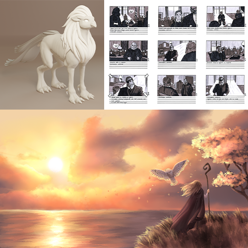 Pale griffin-like creature standing on a neutral background; top left of the image collage.