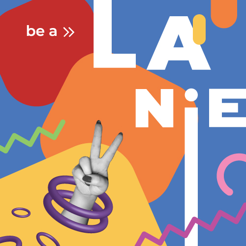 Abstract colorful collage with bold white letters forming 'LANG' on blue and orange shapes; a hand making a peace sign passes through purple rings. The small text 'be a' is visible at the top left.