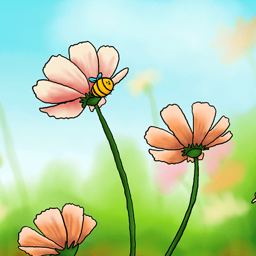 Cartoon illustration of pink flowers with a small bee landing on the left flower against a bright blue sky and garden background.