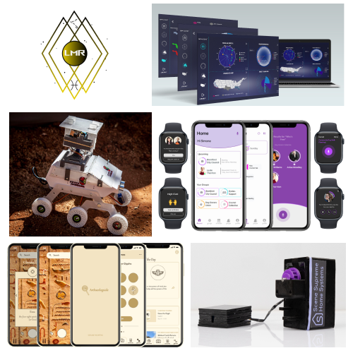 Collage of tech products: a geometric logo, multiple data dashboards on screens, a rover, wearables, and smartphone app interfaces.