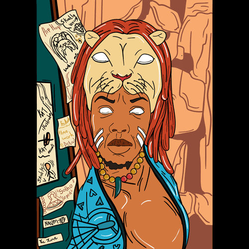 Colorful illustration of a person with red hair wearing a white lion mask on top, beads around the neck, with sticky notes and drawings on a wall behind.
