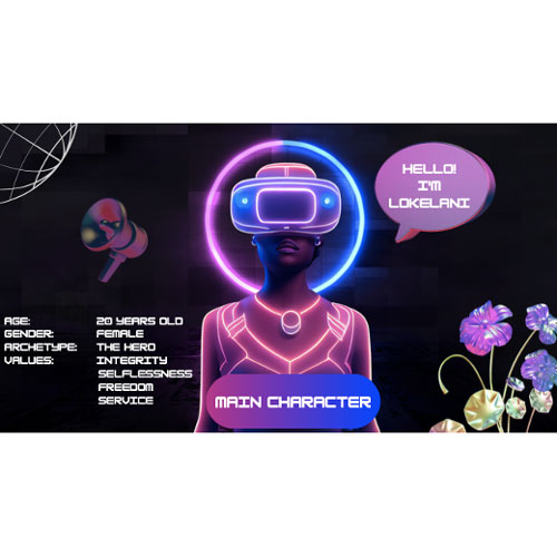 Neon cyberpunk main character in VR headset with glowing ring, speech bubble says “Hello! I’m Lokeland.” Left side shows character details and values; a blue “Main Character” badge at the bottom.