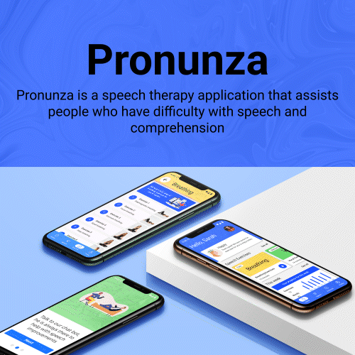 Promotional banner for Pronunza, a speech therapy app, with three smartphones showing its screens on a blue background.
