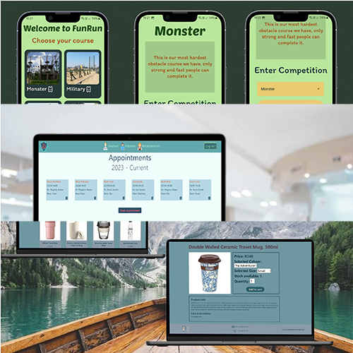 Collage of devices showing a digital platform: mobile app screens for FunRun courses and competition, a laptop showing 'Appointments 2023 - Current', and additional screens with product pages by a lake scene in the background.