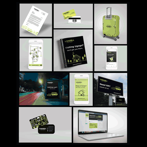 Collage of VOOMA promotional items: luggage, cards, app screens on phones, brochures, and a laptop displaying VOOMA visuals.